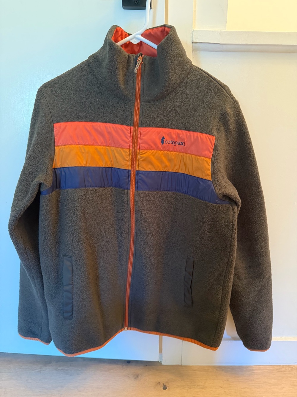 cotopaxi Brown Fleece Jacket with Orange, Yellow & Blue Stripes